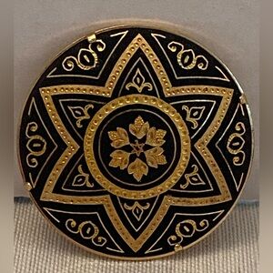 Vintage Damascene Spanish-esque Round Pin / Brooch -Flowers / Fleur de Lis
